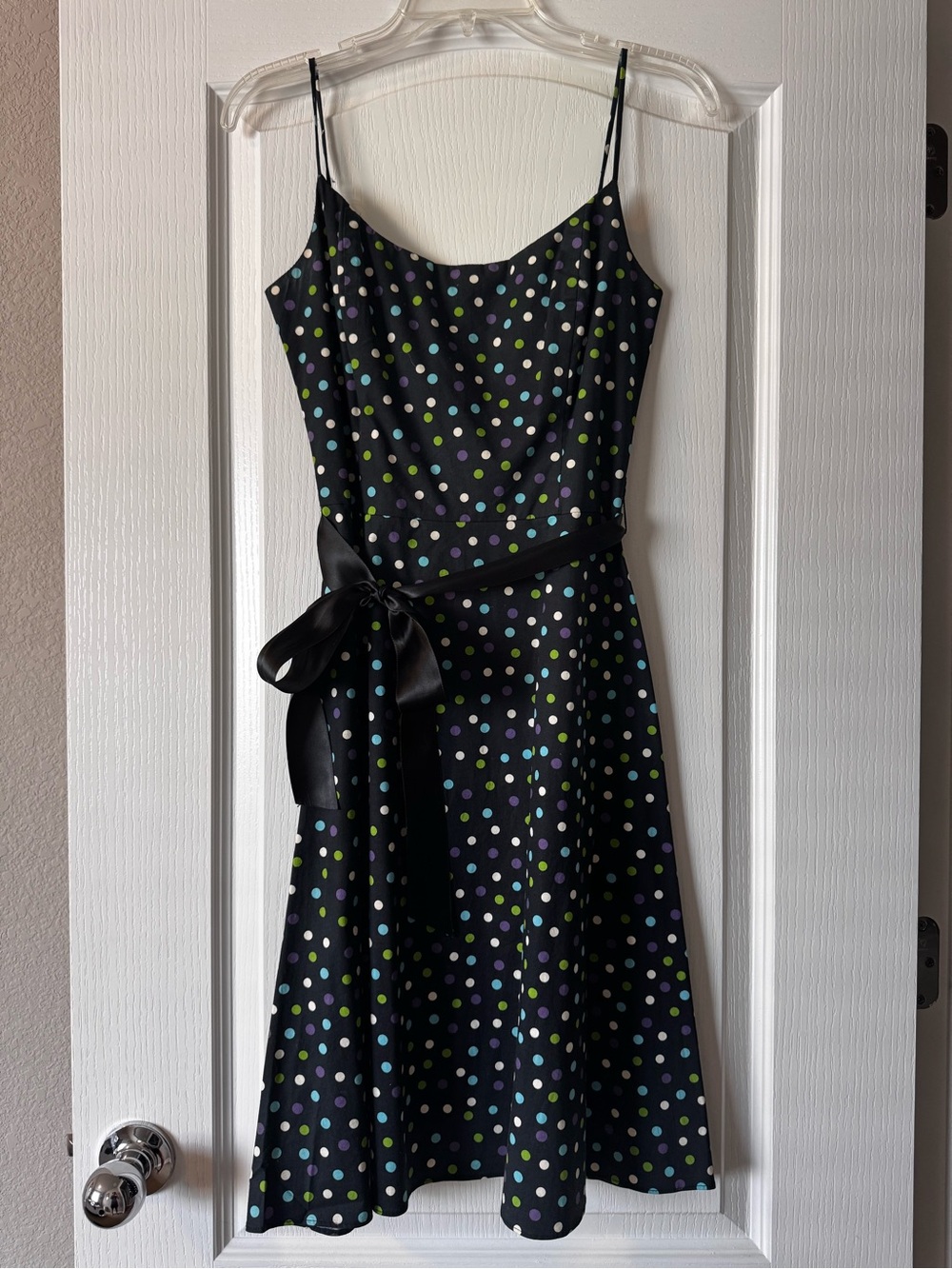Black Polka Dot Spaghetti-Strap Dress with Satin Waist Tie